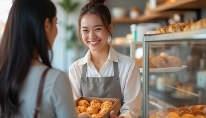 Friendly baker serving fresh pastries to a delighted customer