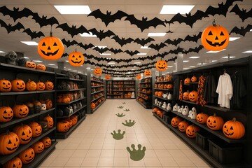 Halloween store interior with pumpkin decorations and spooky atmosphere for festive shopping experience. concept of halloween decor, spooky shopping, festive store display