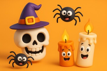 Cheerful halloween still life with smiling skull, spiders, and candles wearing witch hat on orange background for fun holiday decoration