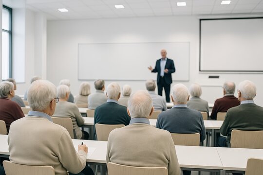 University lecture for elderly people in classroom setting with engaged older adults listening to instructor. concept of lifelong learning, education for seniors, knowledge sharing, elderly students