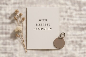 Sympathy card with message With Deepest Sympathy next to dried flowers and key ring. Concept of pet loss, farewell, memorial, grief, condolence for pet death