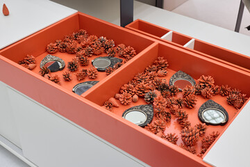 An Artistic Display of Beautiful Decorative Objects Whimsically Organized in a Modern Drawer