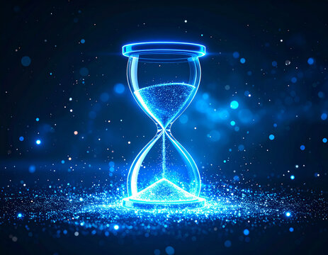 Futuristic Blue Hourglass Glowing Amidst Sparkling Stardust.