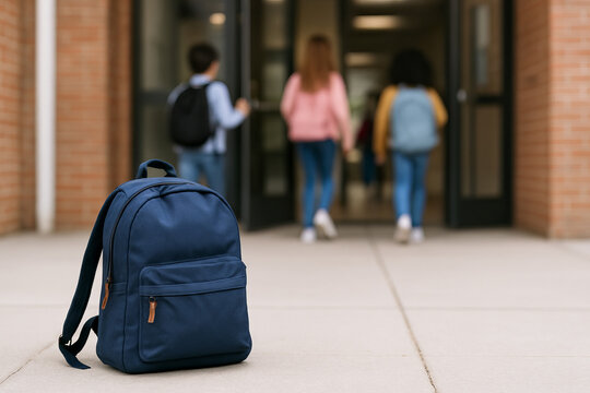 Backpack in front of school entrance with students walking inside during autumn term. concept of education, school life, beginning of school year - Powered by Adobe