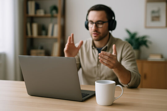 Young man using laptop for remote online meeting while wearing headphones and gesturing, concept of digital work, home office productivity, online communication
