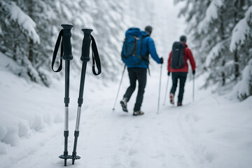 Winter hiking adventure in the mountains with snowy forest scenery and trekking poles. concept of outdoor exploration, winter sport, scenic nature