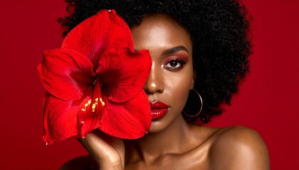 A woman with a vibrant red flower adorns her face, showcasing a bold and striking beauty concept against a bold red background.