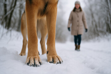 Dog walking in snowy forest with woman in winter coat; concept of winter adventure, pet companionship, outdoor exploration