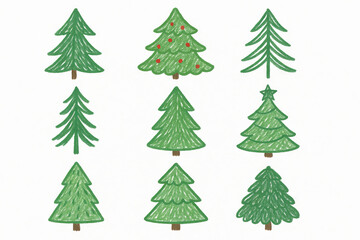 Fototapeta premium Set of cute hand drawn Christmas trees in childlike crayon style with ornaments and simple decoration isolated on white background. Concept of kids illustration, holiday design, festive decor elements