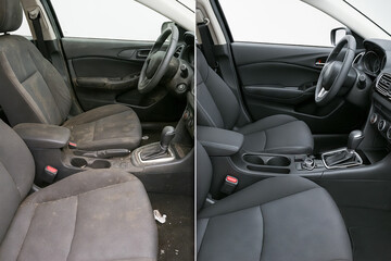 Car interior before and after cleaning showing transformation from dirty to spotless inside a vehicle. concept of cleaning, car maintenance, vehicle care