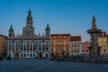Fototapeta premium Sunrise view of the main square in Ceske Budejovice, Czech repub