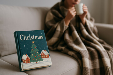 Cozy holiday atmosphere with christmas tree illustration and relaxing woman drinking coffee on sofa