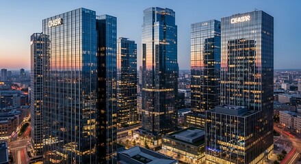 Modern Glass Skyscrapers at Dusk.