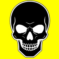 Black skull icon logo, tattoo, sticker halloween isolated yellow background