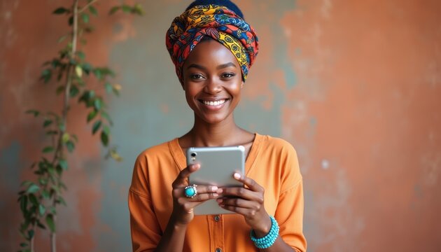 Smiling woman with a colorful headwrap holding a smartphone