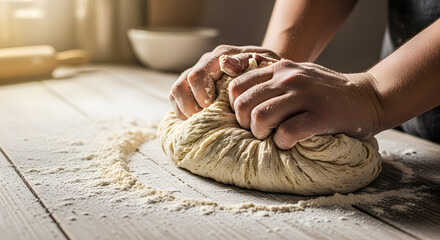 Hands expertly kneading textured dough on a rustic wooden surface dusted with flour