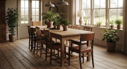 Rustic Dining Room Interior with Natural Light and Wooden Furniture.