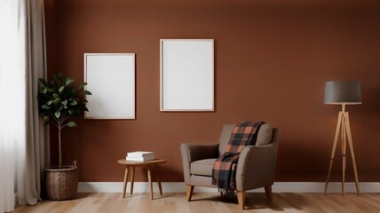 Fototapeta premium Scandy minimal interior with armchair, table, green plant and painting empty mock up