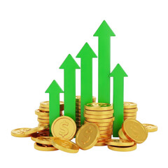 Green arrows pointing upwards above stacked golden coins symbolizing financial growth and profit transparent background