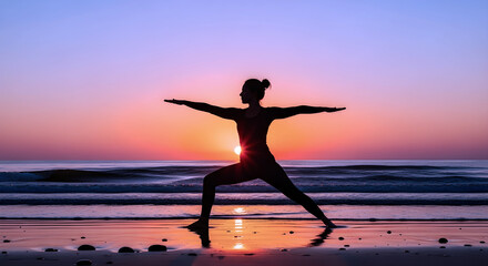 Fototapeta premium Serene woman practices warrior pose yoga on beach at stunning sunrise, inspiring wellness