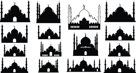 Obraz premium Islamic mosque silhouette icons, black vector illustration, dome and minaret designs, Islamic architecture symbols, Ramadan Eid decoration, cultural religious landmarks art
