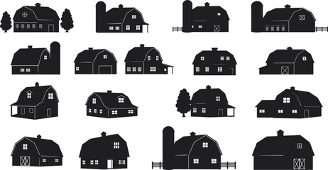 Silhouettes of barns and farmhouses, rural architecture collection, agricultural building designs, countryside structures, farming heritage, traditional barns © KRISNARANI
