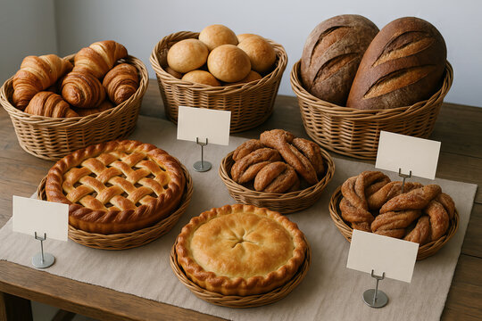 Variety of pies and bread in wicker baskets on wooden table. concept of homemade bakery goods, fresh pastries, artisan baking