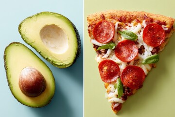 Avocado half and slice of pepperoni pizza on contrasting backgrounds showcasing healthy vs unhealthy