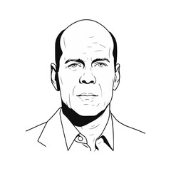 A black and white line art portrait of a bald man with a serious expression, looking directly forward.