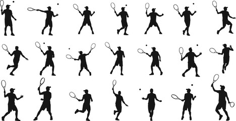 Tennis player silhouette poses, racket action, forehand, backhand, serve, volley, sports training, athletic movement, match preparation, dynamic motion, competitive game