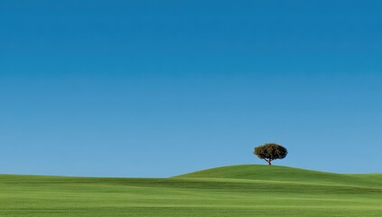 Lone tree on a grassy hill under a clear blue sky