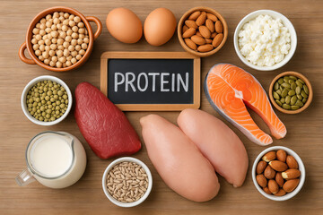 High protein foods including meat, fish, eggs, dairy, nuts, and seeds arranged on wooden table. concept of healthy diet, nutrition, protein-rich meal planning.