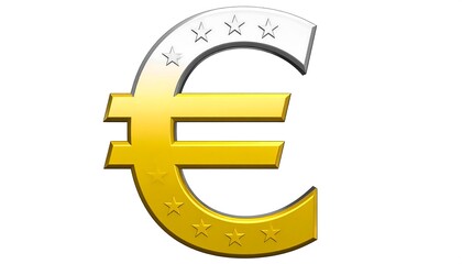 Fototapeta premium A detailed, 3D rendering of the Euro currency symbol, featuring a gradient from gold to silver, with stars.