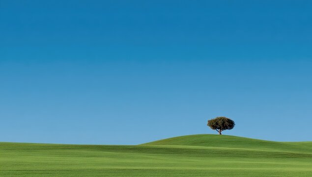 Lone tree on a grassy hill under a clear blue sky - Powered by Adobe