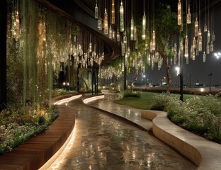 Nighttime garden walkway with bottle lights