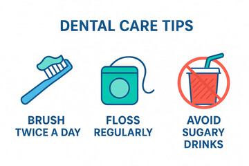 Illustration of essential dental care tips highlighting brushing, flossing, and avoiding sugary drinks for oral health