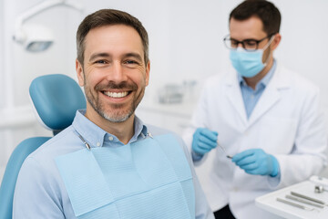 Smiling man in dental clinic with dentist providing care during routine check-up. concept of oral health, patient trust, professional dental care, bright smile