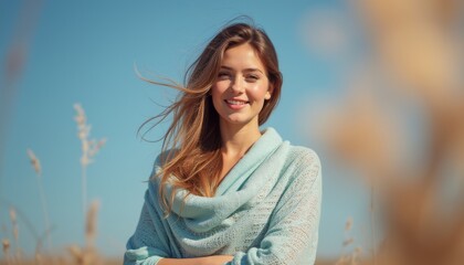 Fototapeta premium Smiling woman in a cozy sweater against a clear blue sky