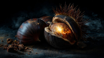 Obraz premium Cracked chestnut revealing a glowing golden core, surrounded by textured shell and crumbs in a dramatic dark background.