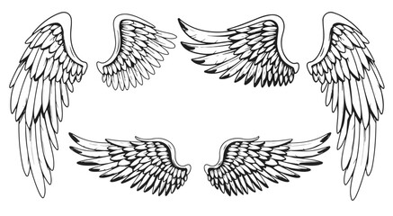 Elegant angel wings illustration for logos, tattoos, or fantasy designs offering a heavenly, ethereal touch