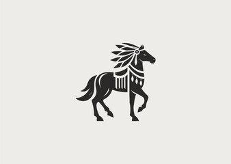 A simple minimalist horse in Native American warrior attire, symbolizing freedom, bravery, and cultural strength