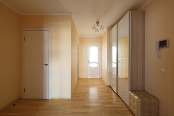 A Modern Hallway Design featuring Elegant Wooden Flooring and Ample Lighting Enhancements