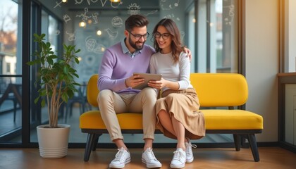 Couple enjoying a cozy moment on a yellow sofa