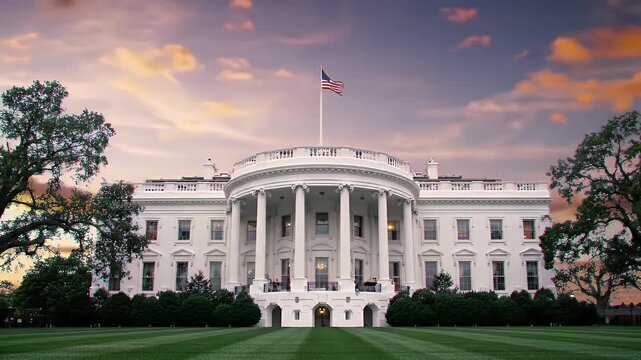 The iconic White House in Washington D.C. at sunset, featuring its grand facade, lush green lawn, and an American flag flying proudly.