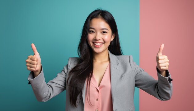 Confident woman giving thumbs up