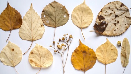 Obraz premium Dried Autumn Leaves and Flower Stems on White.