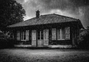 Obraz premium Gray, weathered house in heavy rain