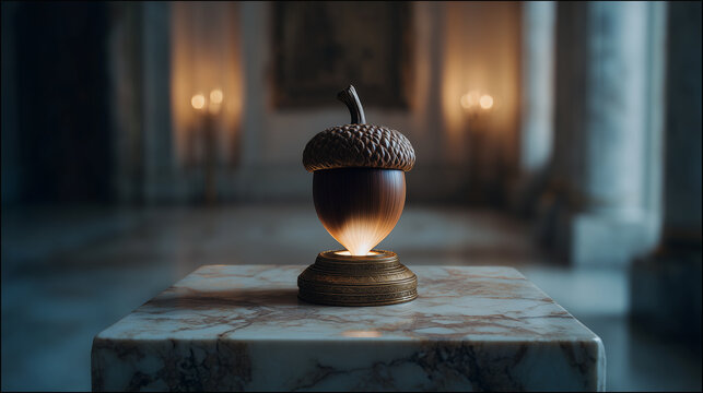 Glowing acorn placed on ornate marble pedestal in a dim palace setting, conceptual artwork.
