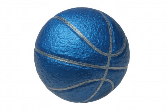 Rotating blue basketball ball with silver lines on transparent background, perfect for sports and competition concepts