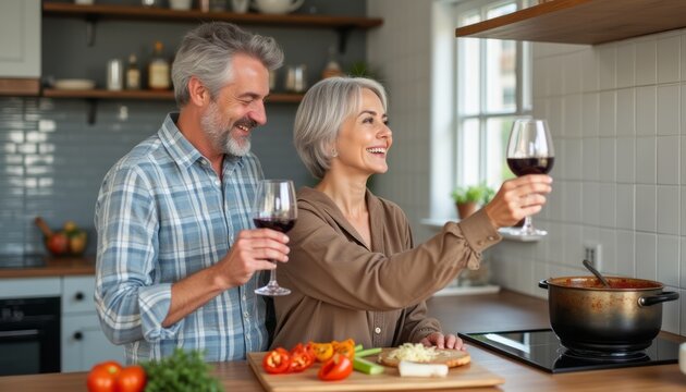 Joyful couple toasting with wine glasses in a cozy kitchen - Powered by Adobe